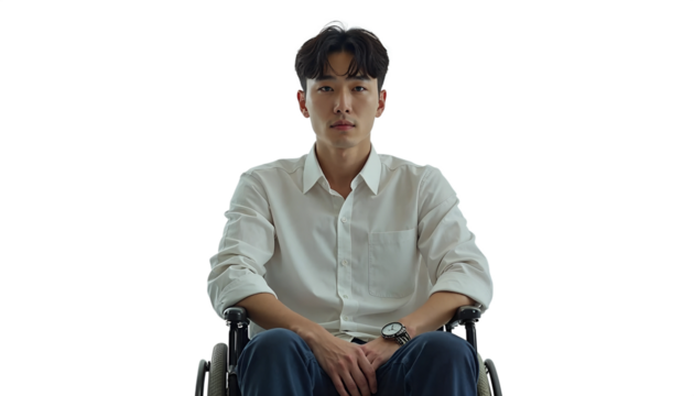 Man in a white shirt sitting in a wheelchair on a black background, serious expression portrait.
