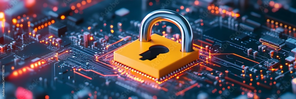 Poster Secure Digital Network with Locked Padlock and Circuit Lines