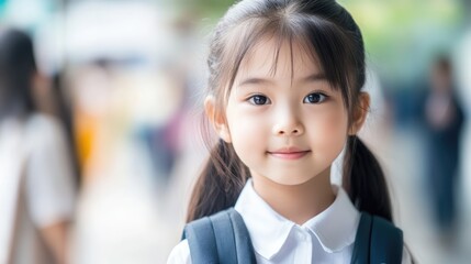 Little cute Asian schoolgirl wearing uniform looking into camera outdoors. Back to school concept