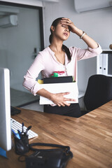 Box, fired and stress with business woman in office for reaction to bankruptcy or unemployment....