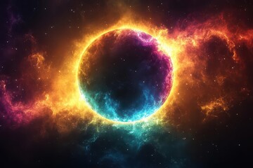 Obraz premium celestial spectacle dazzling solar eclipse with neon blue yellow green and purple star flares dark sky backdrop showcases cosmic phenomenon in vivid otherworldly hues