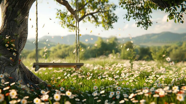 An retro garden swing suspended from an oak tree with a daisy field in the distance - Powered by Adobe