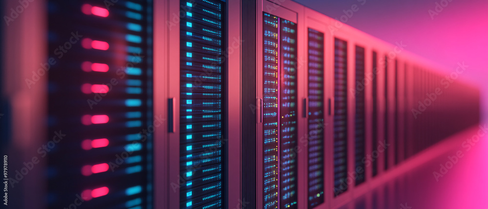 Poster futuristic server room with colorful led lights, showcasing rows of servers designed for high-tech d