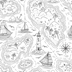 Sea map vector seamless pattern. Linear nautical background with islands, lighthouse, ships and vintage regatta for wallpaper, wrapping paper or textile design. Black drawing with ships and marine.