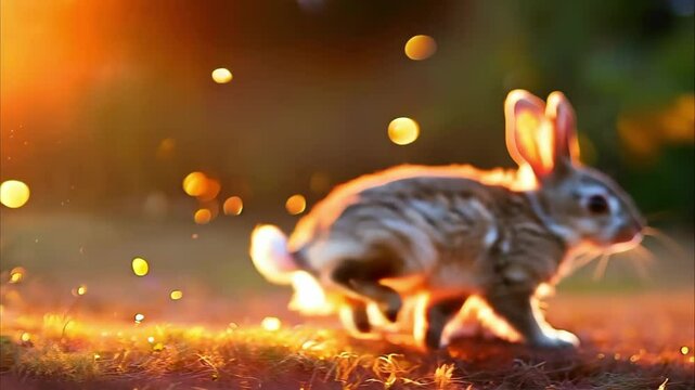 A rabbit running in a sunlit environment with sparkling light effects in the background.