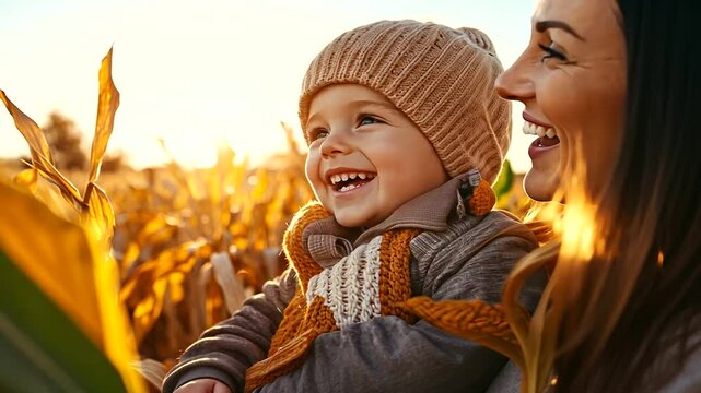 Parent and child walking in corn field at sunset, family autumn scene, back view, golden light, harvest season, countryside, parenting, togetherness, warm fall nature, cozy outdoor lifestyle joy glow.