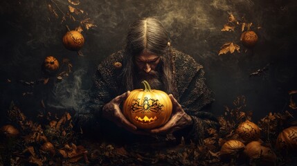 Mystical Halloween Man Holding Carved Jack o  Lantern in Foggy Forest