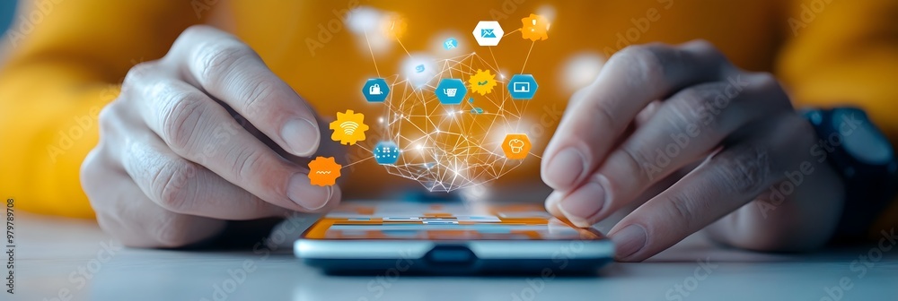 Poster smartphone with interactive app interface showcasing modern digital technology