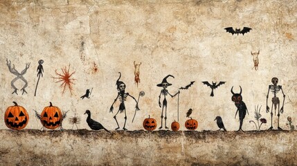 Halloween Spooky Wall Art    Grunge Texture with Bats  Pumpkins and Skeletons