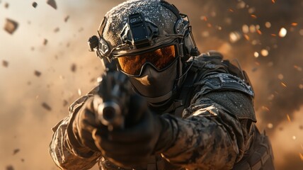 Soldier in full combat gear on battlefield. Intense lighting, dusty atmosphere, determined expression.