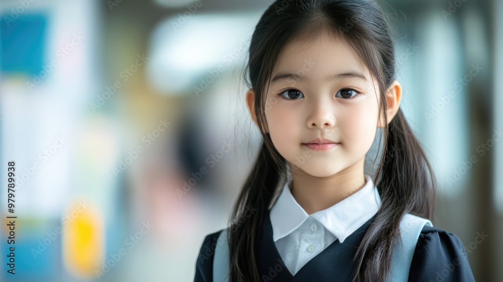 Wall mural Little cute Asian schoolgirl wearing uniform in classroom looking into camera. Back to school concept