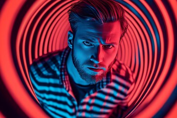 Man illuminated by intense red light patterns symbolizing personal focus intellectual clarity and futuristic transformation through cognitive enhancements