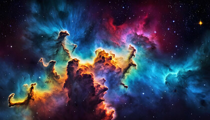 Obraz premium A stunning view of a colorful nebula in space, showcasing swirling clouds of gas and dust in shades of pink, blue, and purple, with bright stars scattered throughout the scene.