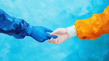 Two hands reaching out, symbolizing connection, support, and collaboration against a vibrant blue background.