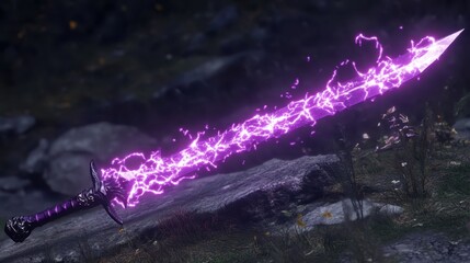 Sword with a purple, electrical energy flowing through its blade, resting on a rocky surface in a dark forest