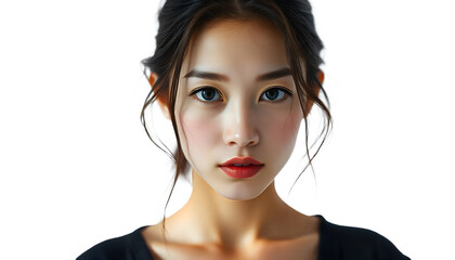 Fototapeta premium Woman with dark hair and red lipstick looking serious on a black background, intense portrait.