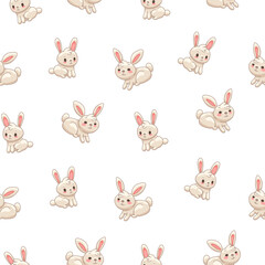 Cute rabbit character. Seamless pattern. Kawaii cartoon hare. Vector drawing. Design ornaments.