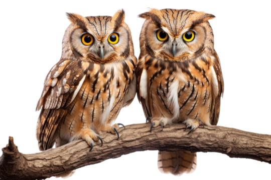 Pair of owls perched on a tree branch at dusk, symbolizing animals in pairs ,Isolated on transparent background.,Isolated on transparent background