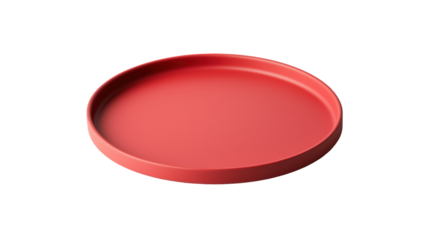 Red round serving tray with a sleek design, ideal for use in kitchen or dining setups. Perfect for serving snacks or drinks. Isolated on transparent background, png.