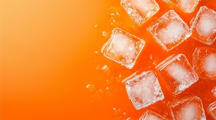 Ice Cubes in Orange Liquid on Gradient Orange Background.