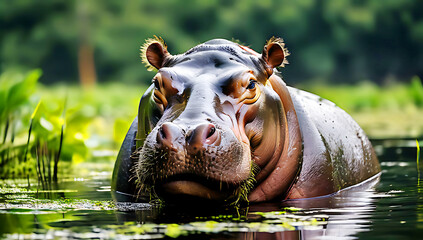 Fototapeta premium a hippopotamus standing in a zoo pond with murky green water and aquatic plants surrounding it, against a serene greenery background