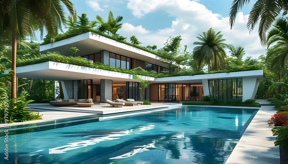 Wall mural Modern Residential Building Concept Featuring a Swimming Pool, Lush Tropical Landscaping, and Detailed Construction Plans