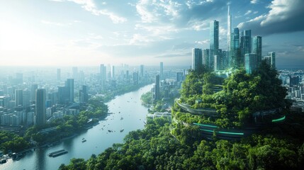 Fototapeta premium A futuristic city skyline integrated with lush greenery and advanced technology, under soft natural light, creating a harmonious blend of nature and technology.
