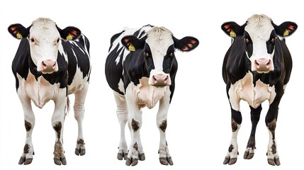 Three cows standing in a row, one of which has a tag on its ear