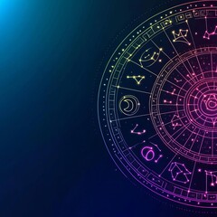 Astrology wheel, star clusters, glowing zodiac signs, celestial colors, spiritual vibe