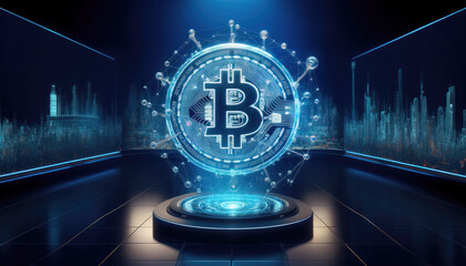 Fototapeta premium Bitcoin hologram style in dark background, BTC blockchain network, miner node covered all around the world, digital currency, future financial