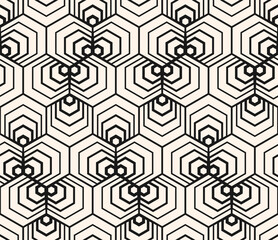 Vector geometric seamless pattern with quirky lines, stripes, hexagons, tiles, triangles, grid. Black and white abstract background. Stylish linear monochrome minimal texture. Repeated geo design
