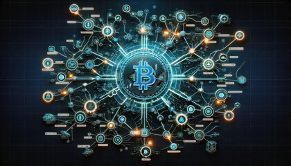 Obraz premium Bitcoin hologram style in dark background, BTC blockchain network, miner node covered all around the world, digital currency, future financial