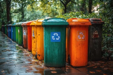 Obraz premium colorful recycling bins lined up in wellmaintained urban park vibrant containers against lush greenery promote environmental consciousness in a clean organized public space
