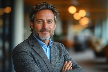 Fototapeta premium confident middleaged businessman in modern office setting arms crossed warm smile professional attire sleek corporate environment in background