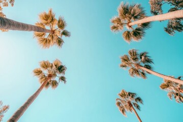Obraz premium A vibrant view of towering palm trees against a clear blue sky. This picturesque style invokes feelings of relaxation and vacation. Ideal for travel and leisure themes. Generative AI