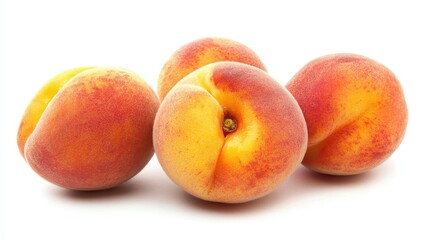Close-up of ripe peaches, isolated on a white background, showcasing detailed texture.