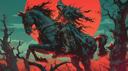 Obraz premium A retro-style illustration of a skeletal rider in a tattered cloak on a rearing black horse, set against a vibrant red sun and eerie, twisted trees.