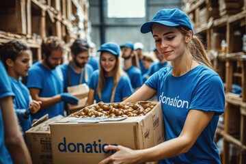 A group of people wearing blue shirts are holding a donation box