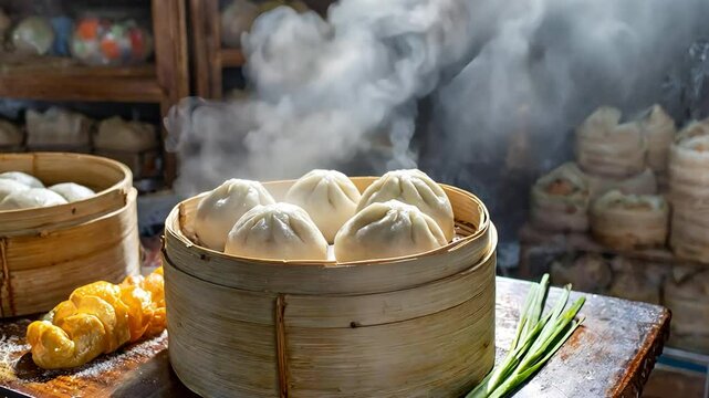 Steamed bao buns fresh out of a traditional bamboo steamer.