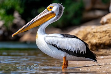 Pelican standing in the shallows of a tidal pool, waiting for small fish to swim by