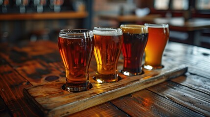 An Artisan Beer Flight is beautifully arranged on a Rustic Wooden Table, ideal for savoring
