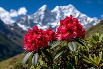 Rhododendrons blooming in the Himalayas, with vibrant red and pink flowers contrasting against snow-capped peaks © Sanchai