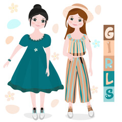 Cute teenage girls dressed in stylish clothes. Fashionistas, female characters, cartoon flat vector illustration