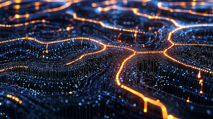 Dynamic AI neural networks transforming business processes, intricate glowing pathways representing optimized operations, automation, and streamlined decision-making