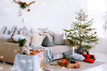 Christmas interior of a bright living room with a large Christmas tree decorated with gifts in a cozy home