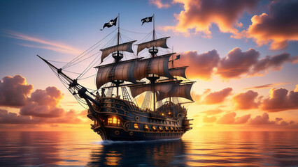 Obraz premium Pirate Ship Sailing at Sunset on the Sea Illustration Wallpaper