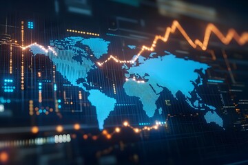 Glowing Global Economic Growth Data Visualization on Futuristic World Map