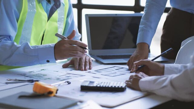 Construction Blueprint Collaboration: A team of engineers and architects hunches over a blueprint, their focused expressions and precise hand movements revealing a shared passion for meticulous detail