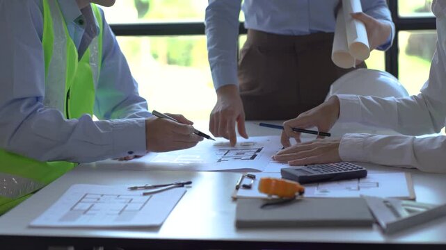 Engineering Team Brainstorming: A close-up of a team of engineers collaborating on blueprints, showcasing their dedication and teamwork. The image captures the focus and intensity of their brainstormi