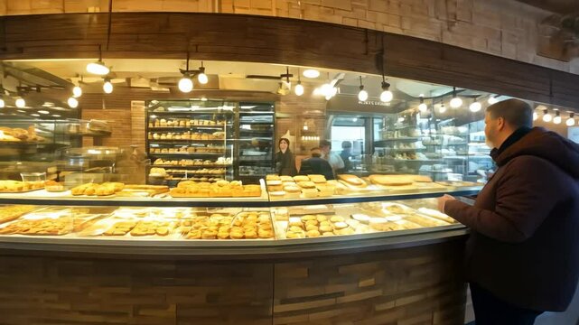 A bakery counter with buns and cakes illuminated by wazrm light, capturing the warm and welcoming atmosphere